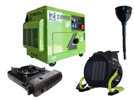 Дизельний генератор Zipper + газова плитка Orcamp CK-505 + електричний обігрівач Gardyer HE2000 та лійка (KZI-STE7500DSH) - фото 1