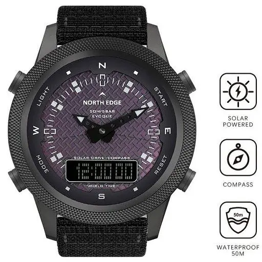 Мужские водостойкие тактические наручные часы North Edge Solar Compass (Черные) - фото 3