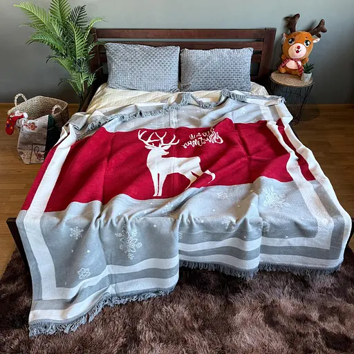 Плед покривало Bridge Merry Christmas двосторонній полуторний зимовий 200х150 Бавовна Червоний