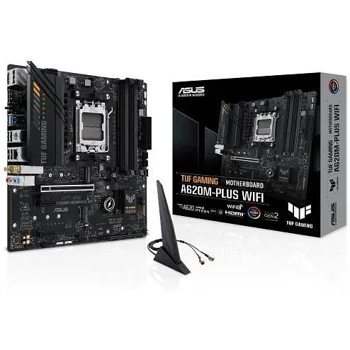 Материнська плата Asus AM5 TUF Gaming A620-PLUS WIFI, A620, 4xDDR5, Int.Video (CPU), 4xSATA3, 2xM.2, 1xPCI-E 4.0 x16, 2xPCI-E 3.0 x1, Real, Bluetooth 5.3, 4xUSB3.2/6xUSB2.0, HDMI/2xDP, MicroATX - фото 2