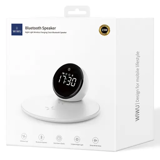 БЗП WIWU Wi-W017 15W Wireless Charger+Digital Alarm+Bluetooth Speaker White - фото 6