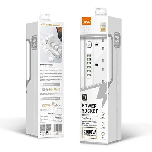 Сетевое зарядное устройство удлинитель LDNIO SC5614 6 USB 5 розеток 2m белый - фото 7