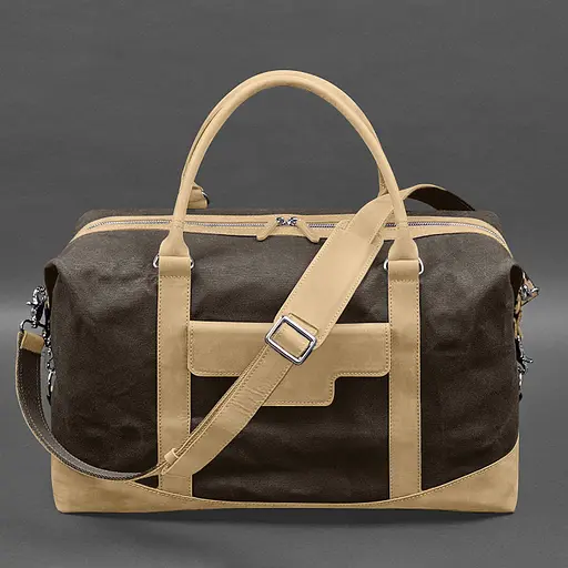 Дорожная сумка из коричневого конваса и натуральной кожи Crazy Horse светло-бежевая - фото 10