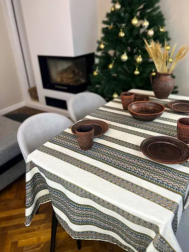 Лляна скатертина різдвяна з українським орнаментом "Рандеву" - 370х150 см - фото 8