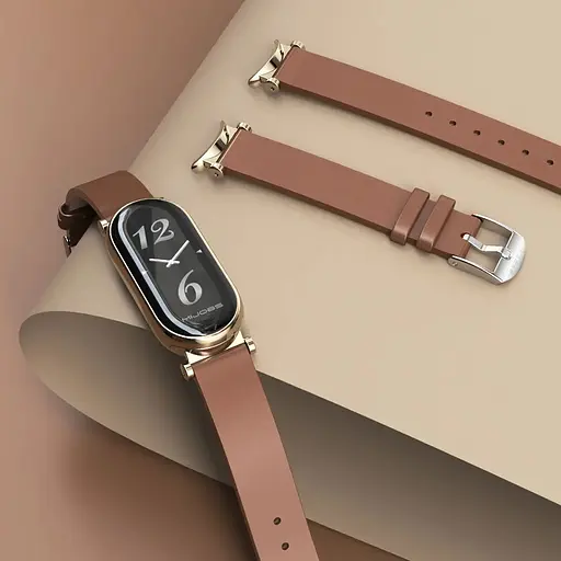 Шкіряний ремінець MiJobs для фітнес-браслета Xiaomi Mi Band 3 и 4 Type B коричневий, тримач - золотистий - фото 4
