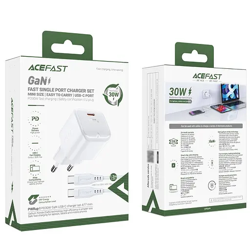 Зарядний пристрій Acefast A77 mini Type-C PD30W GaN білий + кабель Type-C to Type-C - фото 6