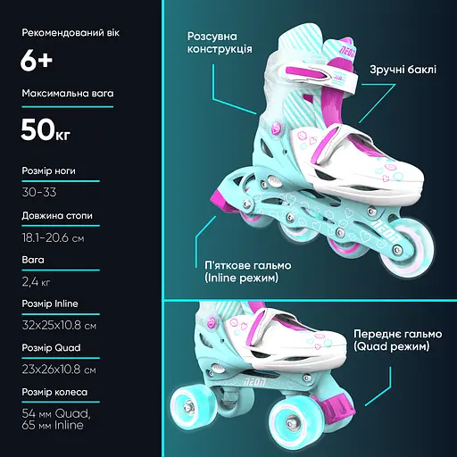 Ролики Neon Combo Skates Размер 30-33 Бирюзовый - фото 4