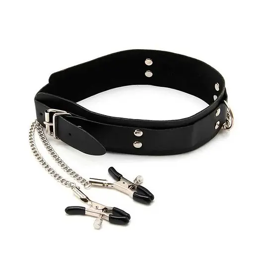 Стальной ошейник BDSM с непревзойденными зажимами для сосков Черный K000221 - фото 1