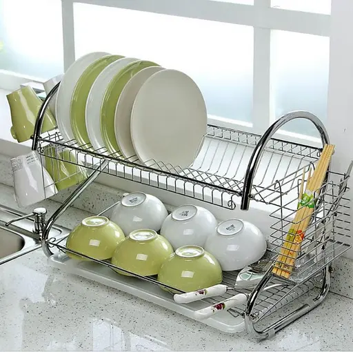 Сушарка для посуду New arrival 2 layer хромована двоярусна з піддоном та підставками для приладів - фото 2
