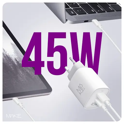 Зарядное устройство сетевое MAKE 45W GaN3 Mini Type-C PD + USB QC4.0 White - фото 3