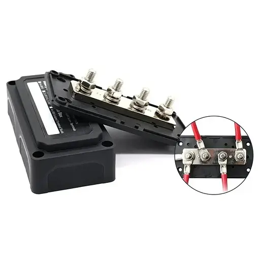 Розподільчий блок з шиною Heavy Duty Bus Bar з 4-ма шпильками М8 для з'єднання кабелів 48V DC, до 300A (чорний) - фото 4