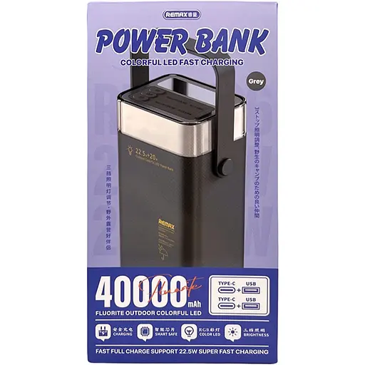 Павербанк Remax RPP-596 / 40000 мАг / до 22,5 Вт / USB-C+USB-A / PD+QC /з RGB ліхтариком / Сірий - фото 6