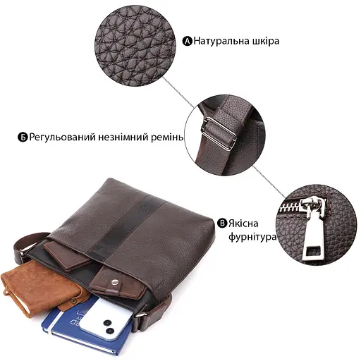 Стильна сумка через плече для чоловіків із натуральної шкіри GRANDE PELLE 26х27х6 см sum0027509 - фото 4