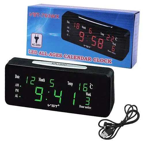 Сетевые электронные часы VST-763 WX-4 салатовые цифры + температура (USB) - фото 3