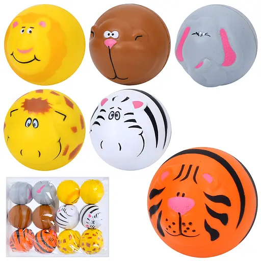 Набір м’яких м’ячів дитячих фомовий, 5.5 см, тварини, 12 шт. в упаковці