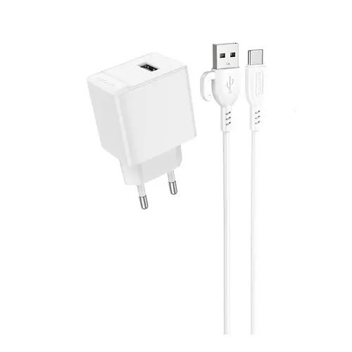 Мережевий зарядний пристрій Borofone BAS11A Erudite single port 1USB/2.1A+ Cable Type-C білий - фото 1