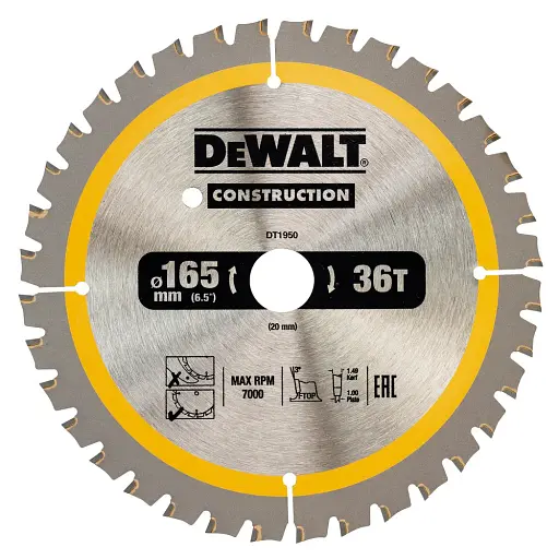 Диск пиляльний DeWalt Construction 165 х 20 мм 36 зубів (DT1950)