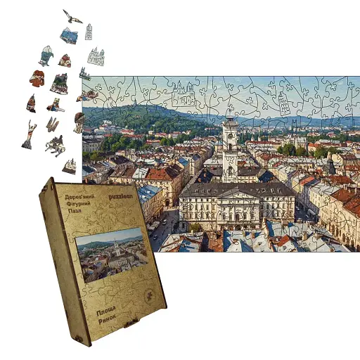 Деревянный пазл Львовская Площадь Рынок, А5, Картонная коробка 35 элементов