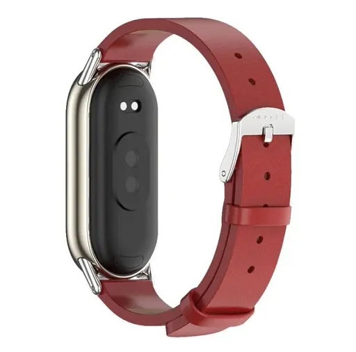 Шкіряний ремінець MiJobs для фітнес-браслета Xiaomi Mi Band 8 і 9 Type B червоний, тримач - золотистий - фото 2