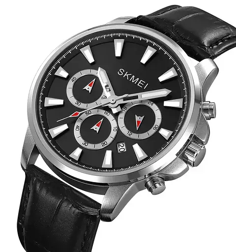 Чоловічий наручний годинник Skmei 2071 з ремінцем з еко-шкіри (Чорний з сріблястим) - фото 2