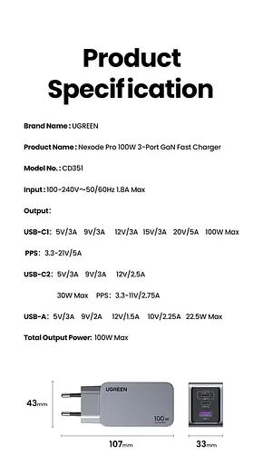 Зарядний пристрій блок 3 порти Ugreen Nexode Pro 100 W GaN X757 cd351 U + 2C - фото 7