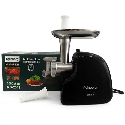 Мясорубка электрическая Rainberg RB-2319 с системой реверса насадка куббе 3000 Вт Черный - фото 1