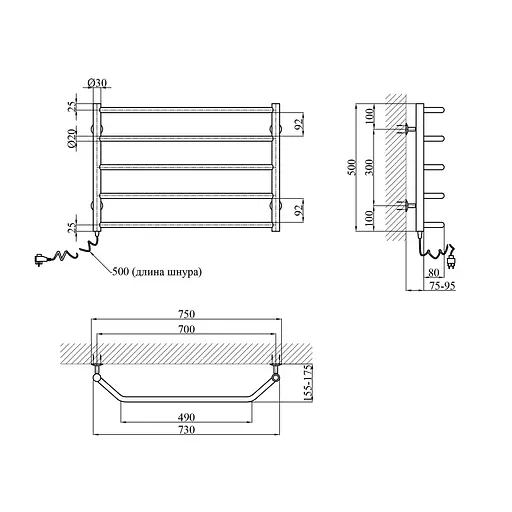 Полотенцесушитель электрический Kroner Трапеция ДТ19EL 500x700/5 EL CV023842, Хром, Левое - фото 2