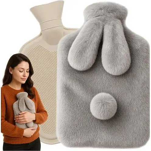Резиновая грелка с плюшевым чехлом Ruhhy 26383, 1.8 л серый/бежевый тепло для тела до 3 часов - фото 1