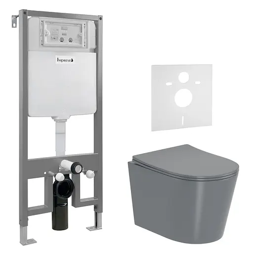 Комплект инсталляция 3 в 1 Imprese i2330 + унитаз Imprese Jess Rimless i11330MG серый матовый с сидением Soft Close, Серый матовый - фото 1