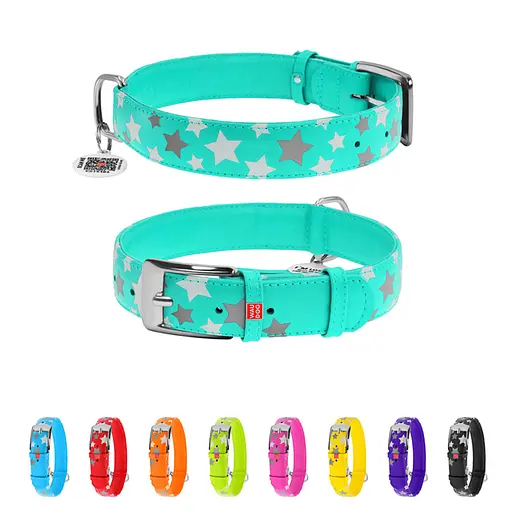 Ошейник для собак кожаный Waudog Glamour с QR-паспортом узор "Звездочка" светонакопительный/светоотражающий XL Ш 35 - фото 2