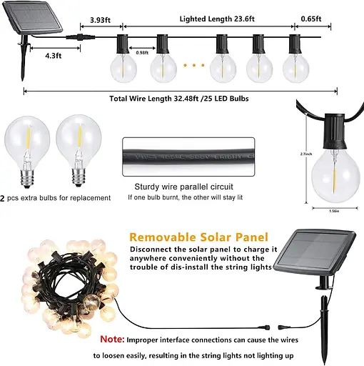 Joomer 32 фути Сонячні ліхтарі для відкритого саду, 25+2 світлодіодні G40 Неб'ючі лампочки Підвісні садові світильники на сонячних - фото 3