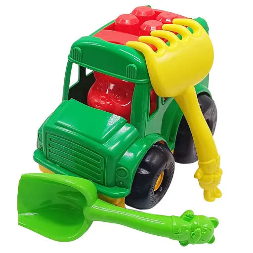 Детский песочный набор "Автобус-бусик" Colorplast 0091 лопатка, грабли Зеленый - фото 1