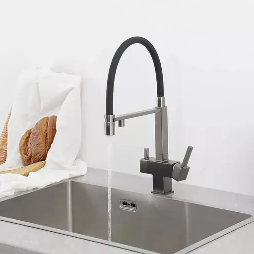 Змішувач для кухні під фільтр з гнучким виливом чорний матовий Frap G4395-59 Графитовый хром - фото 2