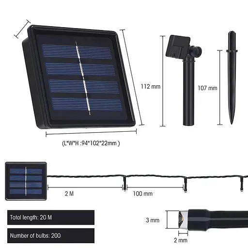 Уличная светодиодная гирлянда Canopus Solar LED String Light 200 светодиодов 22 метра – многоцветная. - фото 2