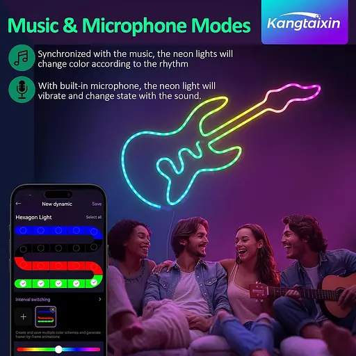 Kangtaixin 3.3FT/1M Світлодіодні неонові мотузкові світильники, RGB LED Strip Lights Керування застосунком, синхронізація музики - фото 2