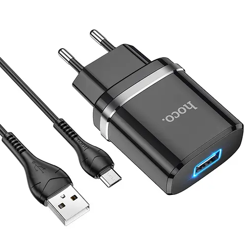 Зарядний пристрій Hoco N1 USB чорний + кабель USB to MicroUSB - фото 1
