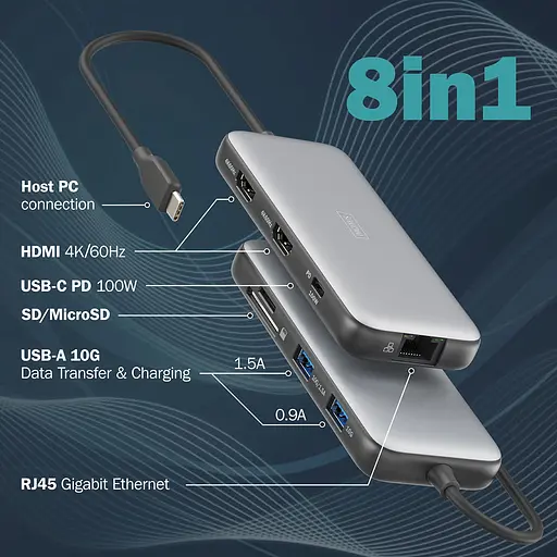 Digitus Док-станция DIGITUS USB-C > 2xHDMI/2xUSB-A/USB-C/SD/MicroSD/RJ54 - фото 5