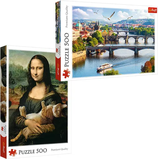 Набор Пазлы - (500 + 500 элм.) - "Прага, Чехия" + "Мона Лиза и дремлющий котенок" - фото 1