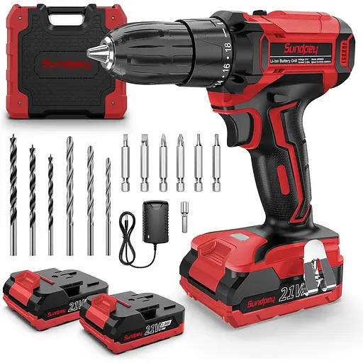Набір акумуляторних дрилів Sundpey 21 В - Електричний дриль з 2 батареями та зарядним пристроєм, 3/8" безключовий патрон, 45 Нм і