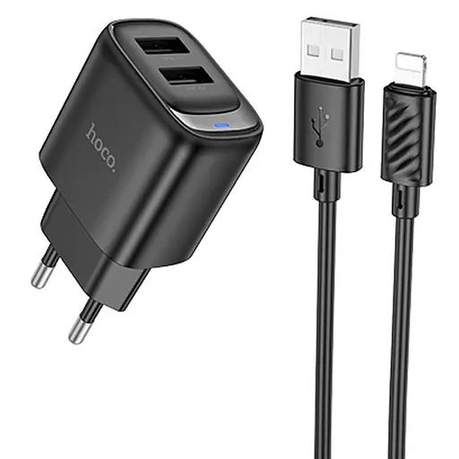 МЗП Hoco C141A Smart 2.1A (2USB-A) + кабель USB to Lightning Black