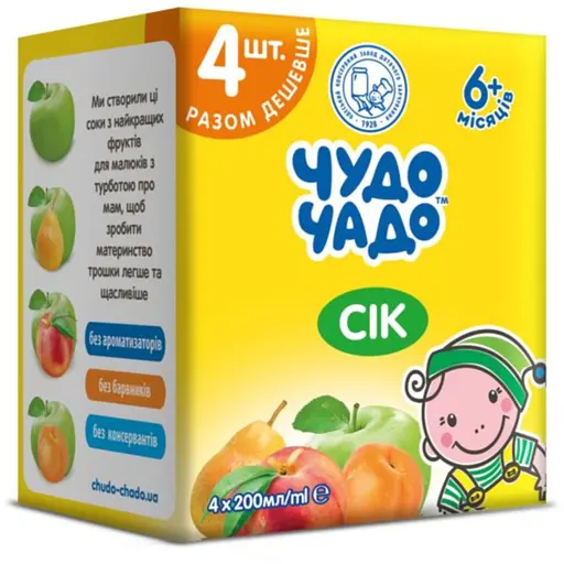 Сік Чудо-чадо Яблуко-абрикос + Яблуко + Яблуко-персик + Яблуко-груша 4 шт по 200 мл - фото 2