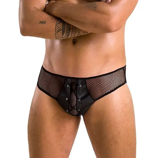 Мужские трусы со шнуровкой Passion 035 Slip Richard S/M Black, экокожа, сетка