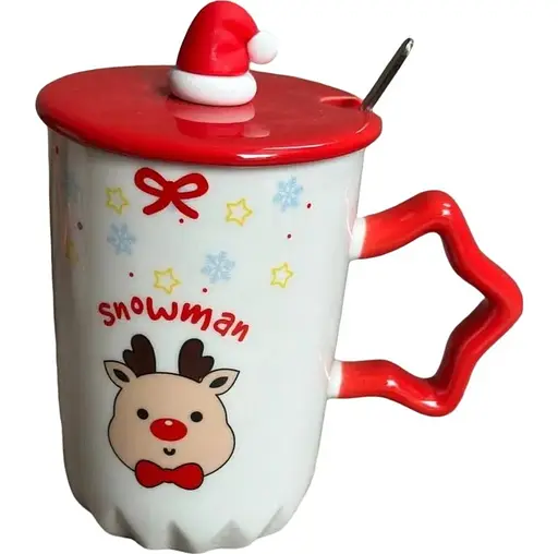 Чашка новорічна Snowman з кришкою та ложкою Олень 360 мл Біла - фото 1