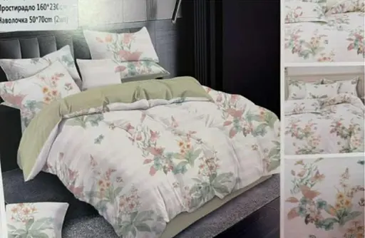 Постельное комбинированное белье Страйп сатин евро комплект двусторонний цветочный принт Зеленый - фото 3