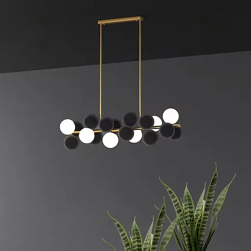 Удлиненная латунная люстра HOLLY L с черно-белыми плафонами 100 см | Ст. MJ 191-1050 AB+WT+BK Line F - фото 1