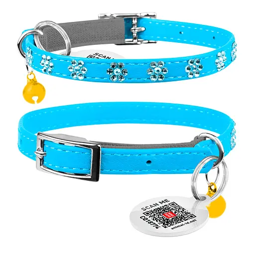 Ошейник Waudog Glamour с резинкой клеевыми стразами "Цветок" для кошек (ширина 9мм длина 22-30см) голубой