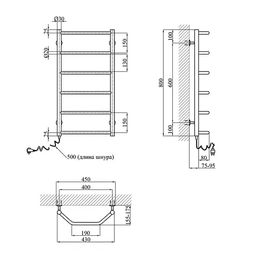 Полотенцесушитель электрический Kroner Трапеция ДТ04EL 800x400/6 EL CV023847, Хром, Левое - фото 2