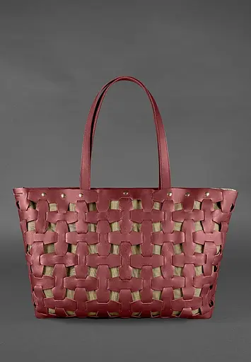 Шкіряна плетена жіноча сумка Пазл Xl бордова Krast - фото 2