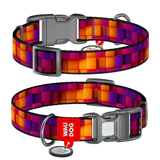 Ошейник для собак нейлоновый Waudog Nylon с QR-паспортом "Кубы 3Д" пластиковый фастекс М Ш 20 мм Д 28-40 см