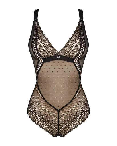 Кружевное боди с декольте Obsessive Estiqua teddy черное широкие лямки M/L - фото 5